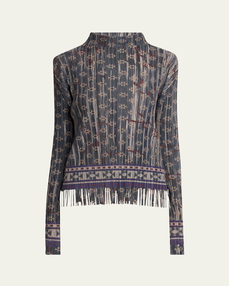 Mock-Neck Geo Jersey Plisse Fringe Top